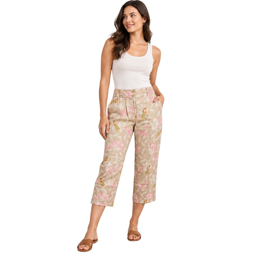 Tommy Bahama Hula Girl Embroidered Pants Womens 8 Tan Silk Blend Excellent Crop